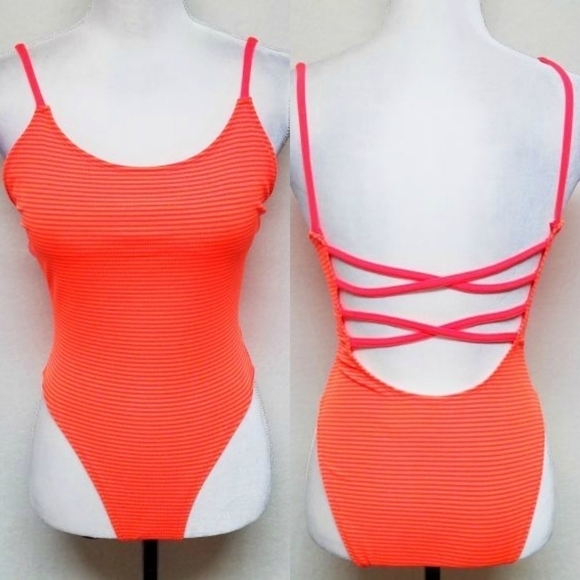 VINTAGE 90s Splash Neon Pink Orange Strappy Back High Rise Swimsuit Medium - Picture 1 of 12